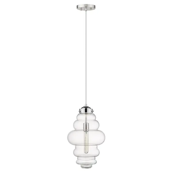 The Ballina mini pendant combines contemporary style with versatile functionality. Its abstract-shaped clear glass globe and polished nickel finish create visual interest while maintaining a clean aesthetic.