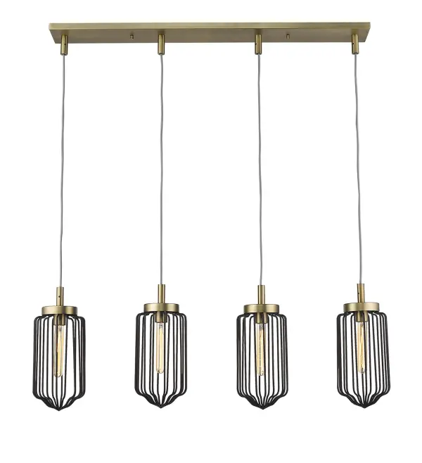 The Reece 4-Light Island Pendant combines industrial charm with transitional elegance. Its aged brass finish and linear steel frame create a sophisticated focal point over kitchen islands or dining tables. - alternate view