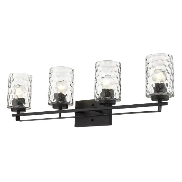 The Livvy 4-Light Vanity combines contemporary industrial style with functional lighting. Featuring hand-blown clear optic glass shades and a sleek matte black steel frame, this 32.5-inch fixture provides ample illumination for medium to large bathrooms. - alternate view