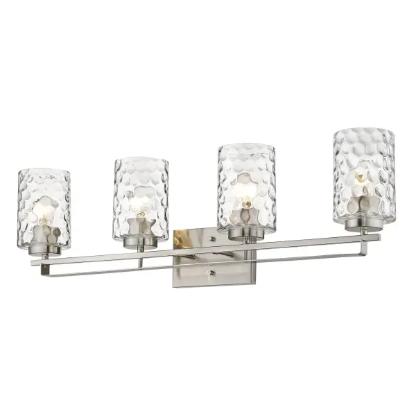 The Livvy 4-Light Vanity combines transitional styling with hand-blown clear optic glass shades and a refined satin nickel finish. At 32.5 inches wide, it provides excellent illumination for medium to large vanities. - alternate view