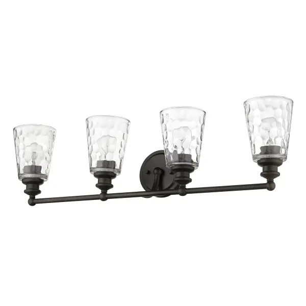 The Mae 4-Light Sconce combines industrial charm with transitional elegance. Featuring hand-blown clear optic glass shades and oil-rubbed bronze finish, this 32-inch wide fixture provides ample illumination for larger vanities and bathroom spaces.