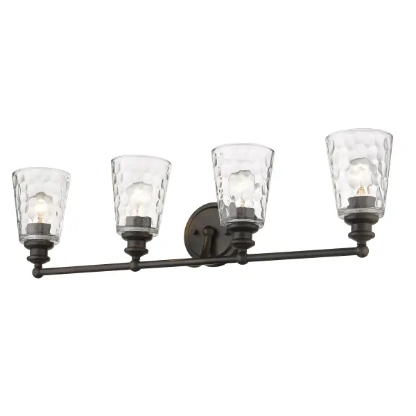 The Mae 4-Light Sconce combines industrial charm with transitional elegance. Featuring hand-blown clear optic glass shades and oil-rubbed bronze finish, this 32-inch wide fixture provides ample illumination for larger vanities and bathroom spaces. - alternate view