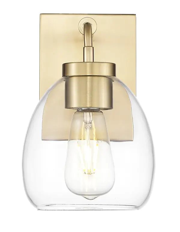 The Dawes wall sconce combines industrial styling with transitional appeal, featuring a brass and bronze finish with clear glass. Its compact 6-inch width makes it ideal for smaller spaces and hallway installations. - alternate view