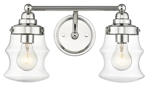 The Keal 2-Light Vanity combines timeless design with practical functionality. Its polished nickel finish and clear glass shades provide bright, even illumination perfect for bathroom grooming tasks.