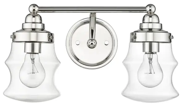 The Keal 2-Light Vanity combines timeless design with practical functionality. Its polished nickel finish and clear glass shades provide bright, even illumination perfect for bathroom grooming tasks. - alternate view