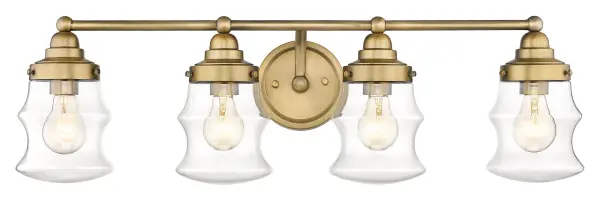 The Keal 4-Light Vanity combines industrial charm with practical illumination. Featuring clear glass shades and antique textured bronze finish, this 28.75" wide fixture provides ample lighting for medium to large vanities. - alternate view