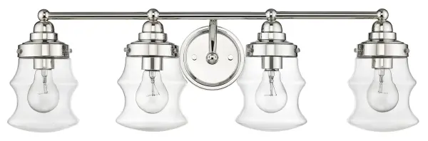 The Keal 4-Light vanity fixture combines transitional styling with practical illumination. Its 28.75-inch width and polished nickel finish make it ideal for medium to large bathroom vanities, providing ample lighting with clear glass shades.