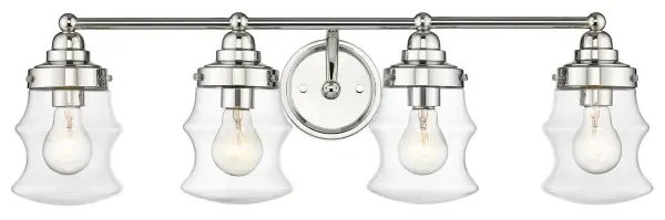 The Keal 4-Light vanity fixture combines transitional styling with practical illumination. Its 28.75-inch width and polished nickel finish make it ideal for medium to large bathroom vanities, providing ample lighting with clear glass shades. - alternate view