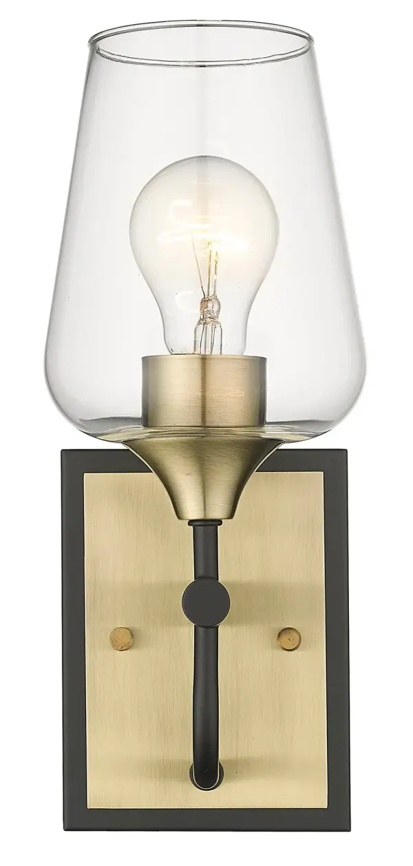 The Gladys wall sconce combines matte black steel with antique brass detailing and clear glass for an industrial-modern aesthetic. Its compact 12.5" height makes it ideal for smaller spaces like bathrooms and hallways. - alternate view
