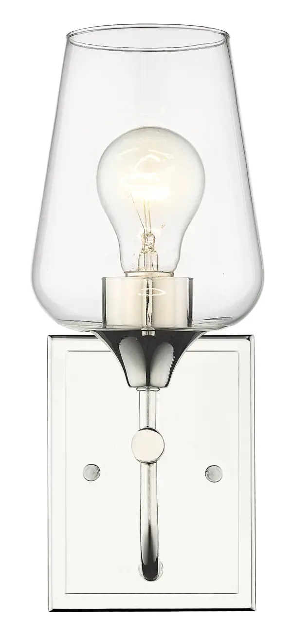 The Gladys wall sconce combines timeless design with modern functionality. Its polished nickel finish and clear glass shade create a sophisticated look perfect for bathrooms, hallways, and bedrooms.