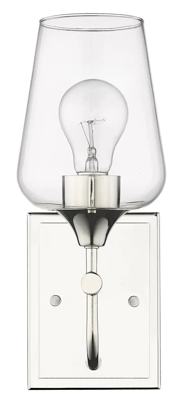 The Gladys wall sconce combines timeless design with modern functionality. Its polished nickel finish and clear glass shade create a sophisticated look perfect for bathrooms, hallways, and bedrooms. - alternate view