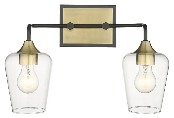 The Gladys 2-Light Wall Sconce combines matte black steel with antique brass accents and clear glass shades for a sophisticated industrial look. Perfect for bathrooms, hallways, and bedrooms where style meets function.
