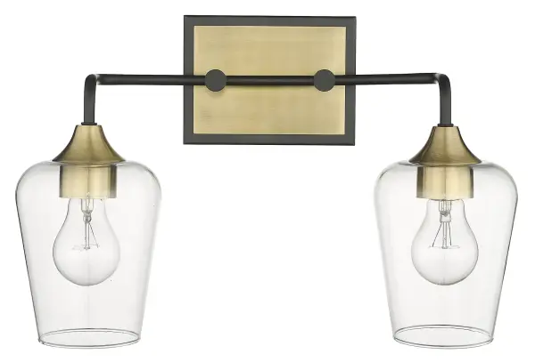 The Gladys 2-Light Wall Sconce combines matte black steel with antique brass accents and clear glass shades for a sophisticated industrial look. Perfect for bathrooms, hallways, and bedrooms where style meets function. - alternate view