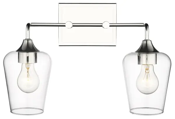 The Gladys 2-Light Wall Sconce combines timeless design with modern functionality. Its polished nickel finish and clear glass shades create a sophisticated look perfect for bathrooms, hallways, and bedrooms. - alternate view