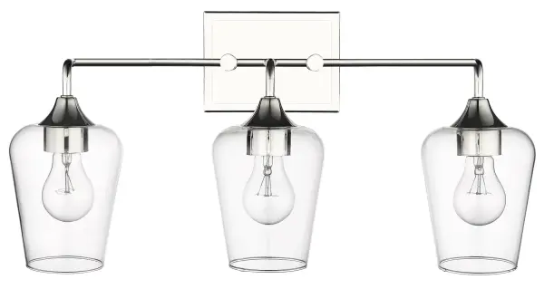 The Gladys 3-Light Wall Light combines transitional styling with polished nickel and clear glass for versatile illumination. At 23 inches wide, it provides substantial lighting perfect for bathrooms, hallways, and bedrooms. - alternate view