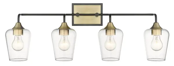 The Gladys 4-Light Wall Light combines matte black steel with antique brass details and clear glass shades for a striking industrial aesthetic. At 32 inches wide, it makes a dramatic statement perfect for vanities or feature walls.