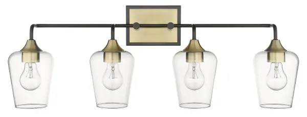 The Gladys 4-Light Wall Light combines matte black steel with antique brass details and clear glass shades for a striking industrial aesthetic. At 32 inches wide, it makes a dramatic statement perfect for vanities or feature walls. - alternate view