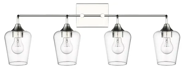 The Gladys 4-Light Wall Light combines transitional elegance with practical illumination. Its 32-inch width and polished nickel finish make it ideal for bathroom vanities and hallways requiring substantial lighting coverage. - alternate view
