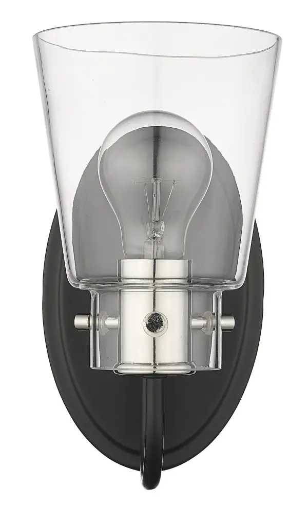 The Bristow wall sconce combines matte black steel with polished nickel accents and clear glass for an industrial aesthetic. Compact at 9.25" tall, it's ideal for vanity lighting or accent illumination in smaller spaces.