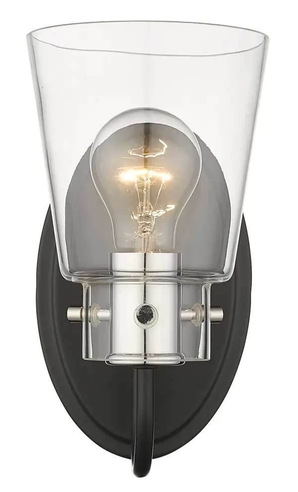 The Bristow wall sconce combines matte black steel with polished nickel accents and clear glass for an industrial aesthetic. Compact at 9.25" tall, it's ideal for vanity lighting or accent illumination in smaller spaces. - alternate view