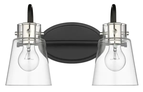 The Bristow 2-Light Wall Light combines matte black steel with polished nickel accents and clear glass shades for an industrial aesthetic. Perfect for bathrooms and powder rooms seeking vintage-inspired style.