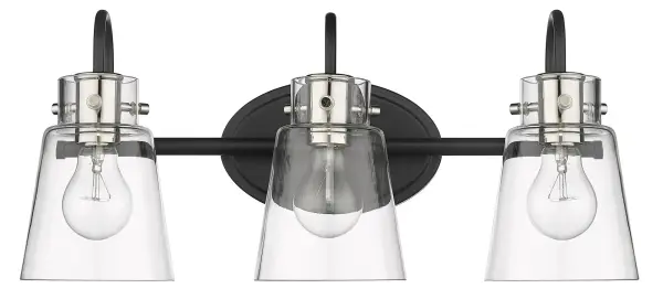 The Bristow 3-Light Wall Light combines matte black steel with polished nickel accents and clear glass shades for an industrial farmhouse aesthetic. Perfect for bathroom vanities or kitchen task lighting.