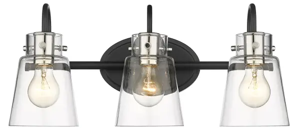 The Bristow 3-Light Wall Light combines matte black steel with polished nickel accents and clear glass shades for an industrial farmhouse aesthetic. Perfect for bathroom vanities or kitchen task lighting. - alternate view