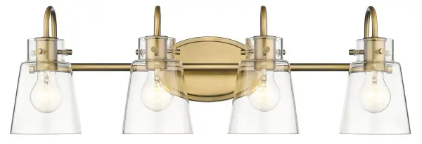 The Bristow vanity light combines industrial style with practical bathroom lighting. Four clear glass shades and antique bronze finish create vintage charm while providing ample illumination for grooming tasks.
