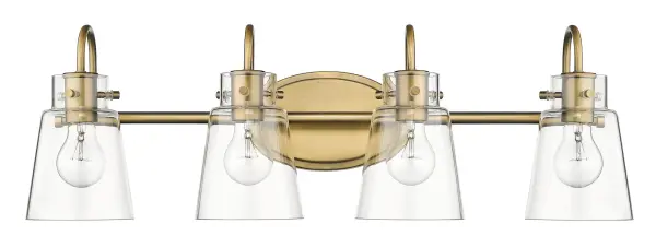 The Bristow vanity light combines industrial style with practical bathroom lighting. Four clear glass shades and antique bronze finish create vintage charm while providing ample illumination for grooming tasks. - alternate view