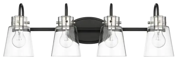 The Bristow vanity light combines matte black steel with polished nickel accents and clear glass shades for an industrial-modern aesthetic. At 28.375" wide, it provides excellent illumination for medium to large vanities.