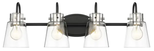 The Bristow vanity light combines matte black steel with polished nickel accents and clear glass shades for an industrial-modern aesthetic. At 28.375" wide, it provides excellent illumination for medium to large vanities. - alternate view