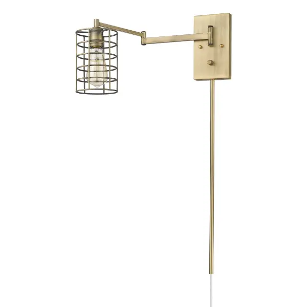 The Jett sconce makes a striking architectural statement with its 32-inch height and impressive 21.75-inch extension. The aged brass finish and steel construction deliver industrial elegance perfect for modern interiors.