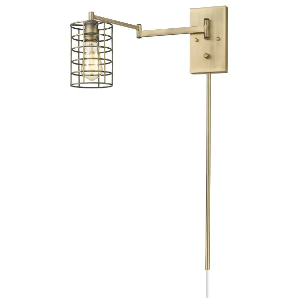 The Jett sconce makes a striking architectural statement with its 32-inch height and impressive 21.75-inch extension. The aged brass finish and steel construction deliver industrial elegance perfect for modern interiors. - alternate view