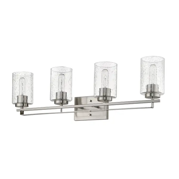 The Orella 4-Light Sconce combines transitional styling with practical illumination, featuring clear seeded glass shades and a sophisticated satin nickel finish. At 31.5 inches wide, it provides ample lighting for larger vanities.
