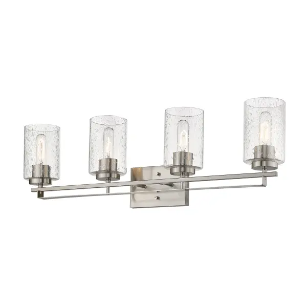 The Orella 4-Light Sconce combines transitional styling with practical illumination, featuring clear seeded glass shades and a sophisticated satin nickel finish. At 31.5 inches wide, it provides ample lighting for larger vanities. - alternate view