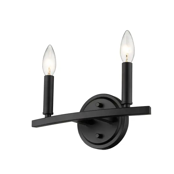 The Sawyer 2-Light Vanity Sconce combines industrial charm with modern simplicity. Its compact 12-inch width and matte black steel construction make it ideal for smaller bathrooms and powder rooms seeking contemporary style. - alternate view