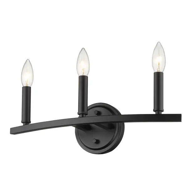 The Sawyer 3-Light Vanity Sconce combines sleek matte black steel construction with a modern industrial aesthetic. At 18 inches wide, it provides ample illumination for bathroom vanities while maintaining a compact 4-inch extension from the wall. - alternate view
