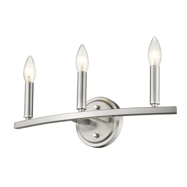 The Sawyer vanity sconce delivers functional bathroom lighting with a sleek satin nickel finish and steel construction. Its 18-inch width provides balanced illumination for medium vanities while the transitional design complements various décor styles. - alternate view