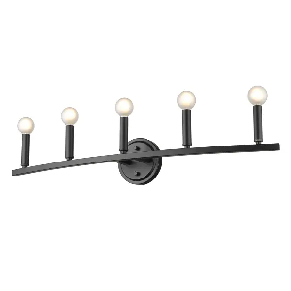 The Sawyer 5-Light Vanity Sconce delivers dramatic industrial style with its matte black steel construction and generous 32-inch width, perfect for larger vanities and master bathrooms seeking statement lighting. - alternate view