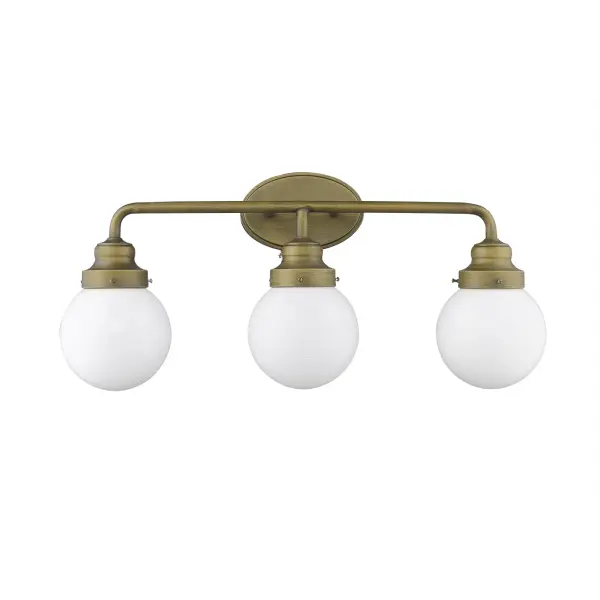 The Portsmith 3-Light Vanity Sconce combines industrial design with transitional warmth through its raw brass finish and clear glass globes. At 26 inches wide, it provides excellent illumination for medium to large vanities.