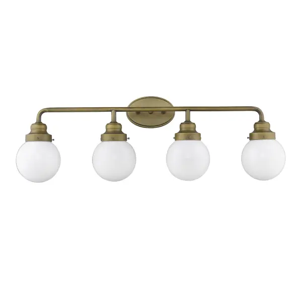 The Portsmith vanity sconce combines raw brass and rubbed bronze finishes with clear glass globes for a sophisticated industrial-transitional aesthetic. At 36 inches wide, it's ideal for double vanities and master bathrooms.