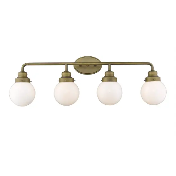 The Portsmith vanity sconce combines raw brass and rubbed bronze finishes with clear glass globes for a sophisticated industrial-transitional aesthetic. At 36 inches wide, it's ideal for double vanities and master bathrooms. - alternate view