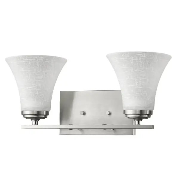 Collection, Where Minimalist Frames And Generous Shades Meet. Satin Nickel Or Oil-Rubbed Bronze With Centrifugal Linen, Silver Frosted Glass Shades. Simply Divine. Collection: Union Finish: Satin Nickel Width: 16.75" Height: 7.50" Weight: 3.00 lb Extension from Wall: 7.25" Top to Outlet: 5.25" Canopy: 4.5``x8`` Number of Bulbs: 2 Maximum Wattage: 100.00 W Bulb Base: Medium Dimmable Voltage: 120.00 V Material: Steel/Glass Safety Listing: Damp Safety Rating: UL/CUL Manufacturer Warranty: 1 Year Warranty