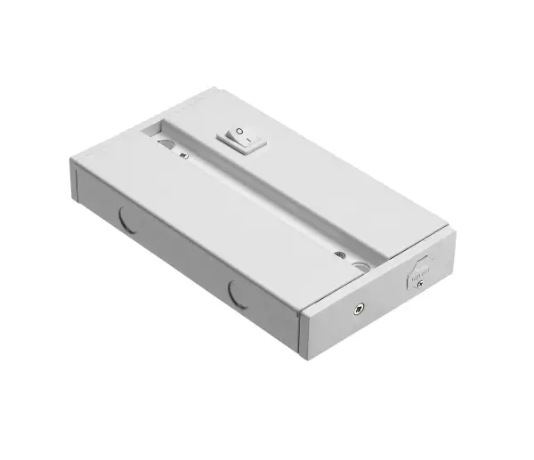 Compact 6.5" junction box designed for under cabinet lighting systems. Provides clean, code-compliant electrical connections for kitchen and utility installations with a discreet white finish.