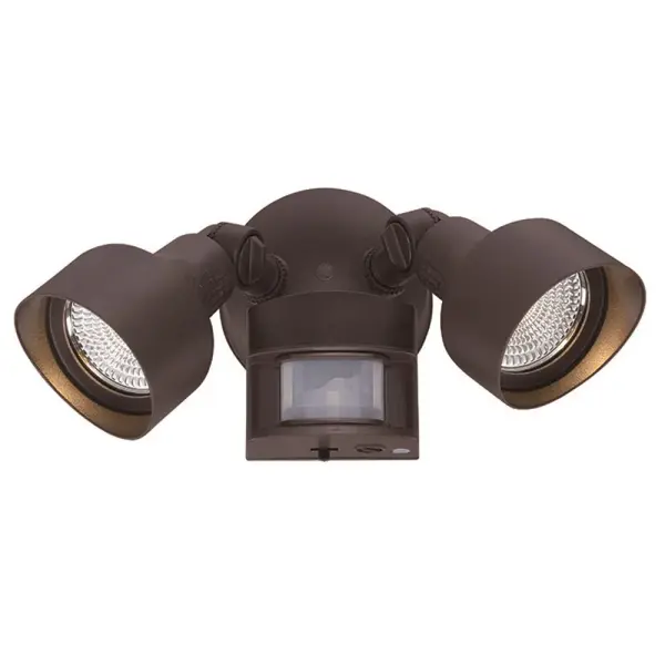 This compact 2-light LED floodlight combines motion-sensing technology with durable cast aluminum construction. The integrated LED design eliminates bulb replacement while providing reliable outdoor security lighting.