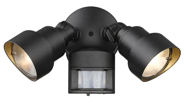 This dual-head LED floodlight combines energy-efficient integrated lighting with motion detection for enhanced outdoor security. The durable cast aluminum construction and matte black finish provide weather resistance and modern styling. - alternate view