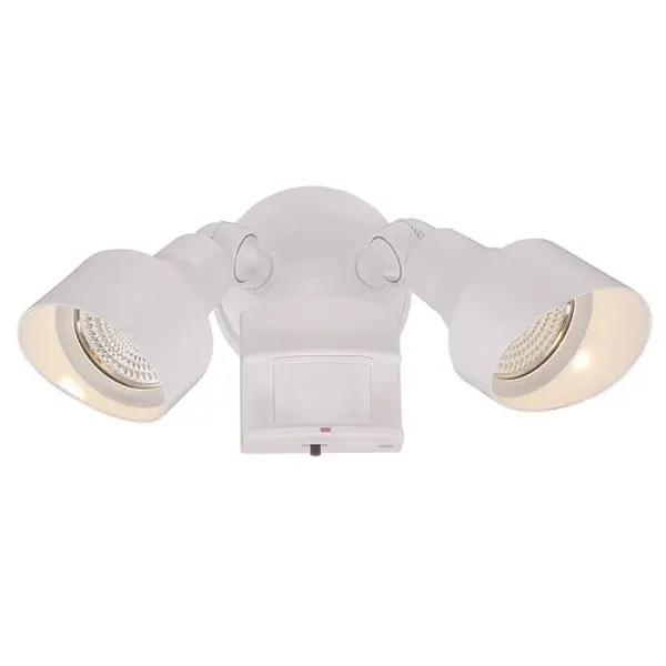 This compact 2-light LED floodlight combines energy-efficient integrated LED technology with motion activation for enhanced security. The durable cast aluminum construction with gloss white finish provides weather resistance.