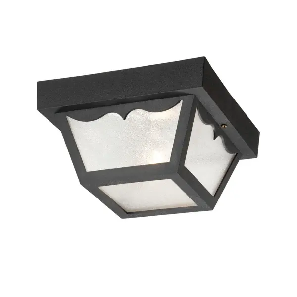 The collection 1-light ceiling-mounted fixture is made of a non-metallic polycarbonate material. This material will not rust or corrode and resists the harmful effects of UV rays. Complementing its clean design, this lantern features clear polycarbonate panes. Collection: Builders` Choice Finish: Matte Black Glass: Polycarbonate Clear Panels Resist Breakage Width: 8.25" Height: 4.75" Weight: 2.00 lb Number of Bulbs: 1 Maximum Wattage: 60.00 W Bulb Type: Medium Bulb Base: Medium Dimmable Voltage: 120.00 V Material: Polycarbonate Safety Rating: cETL Manufacturer Warranty: 1 year warranty