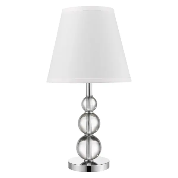 The Palla accent lamp combines polished chrome steel with crystal accents and a white linen tapered shade for sophisticated ambient lighting. At 20 inches tall with a compact 10-inch width, it's perfect for nightstands and side tables.