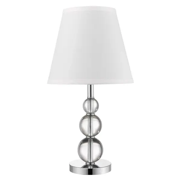 The Palla accent lamp combines polished chrome steel with crystal accents and a white linen tapered shade for sophisticated ambient lighting. At 20 inches tall with a compact 10-inch width, it's perfect for nightstands and side tables. - alternate view